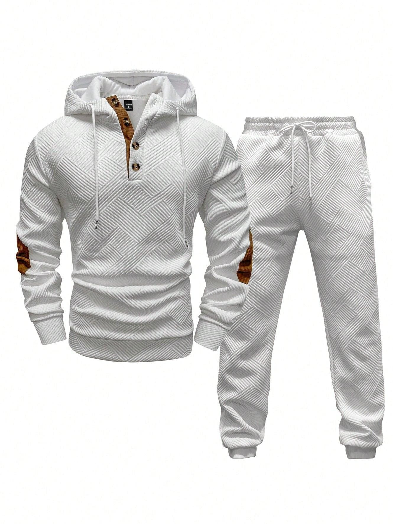 Men's Solid Color Patchwork Long Sleeve Front Button Hoodie And Pants Outfit