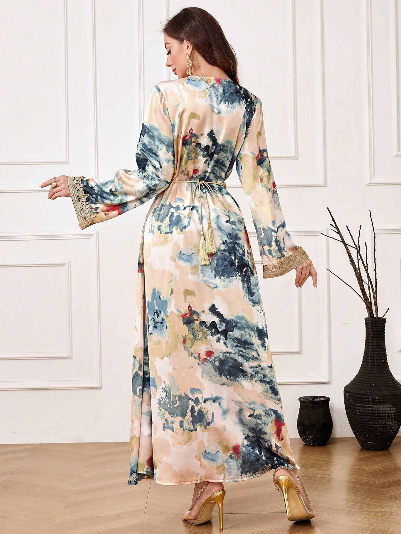 Women's V-Neck Long Sleeve Solid Color Splicing Luxurious Modest Dress