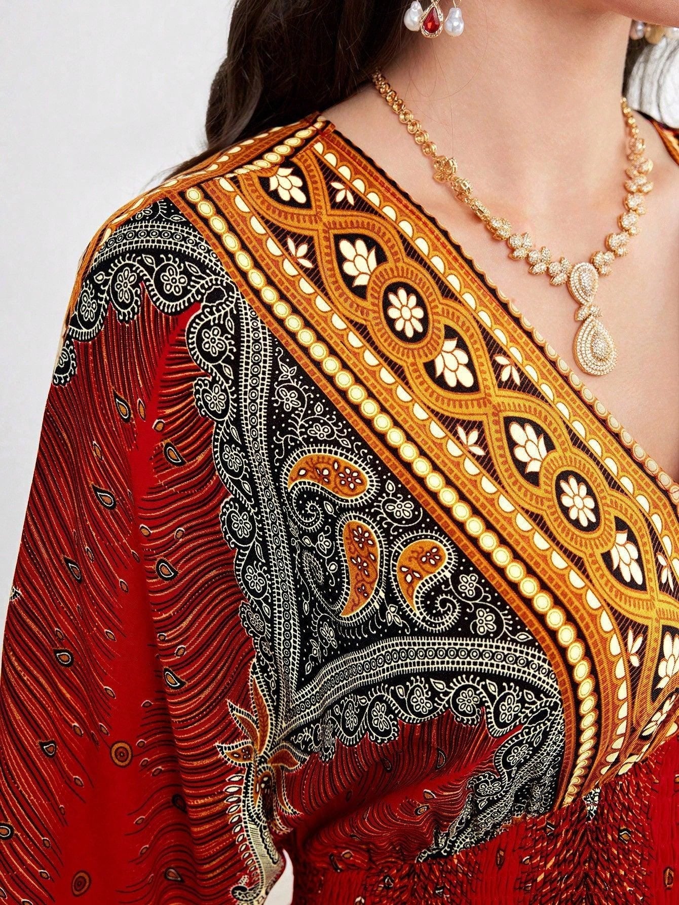 Burgundy Red Women Fashionable Elegant Printed Retro Paisley Graphic Summer Dress, Casual Short Sleeve Loose Kaftan Dress For Summer