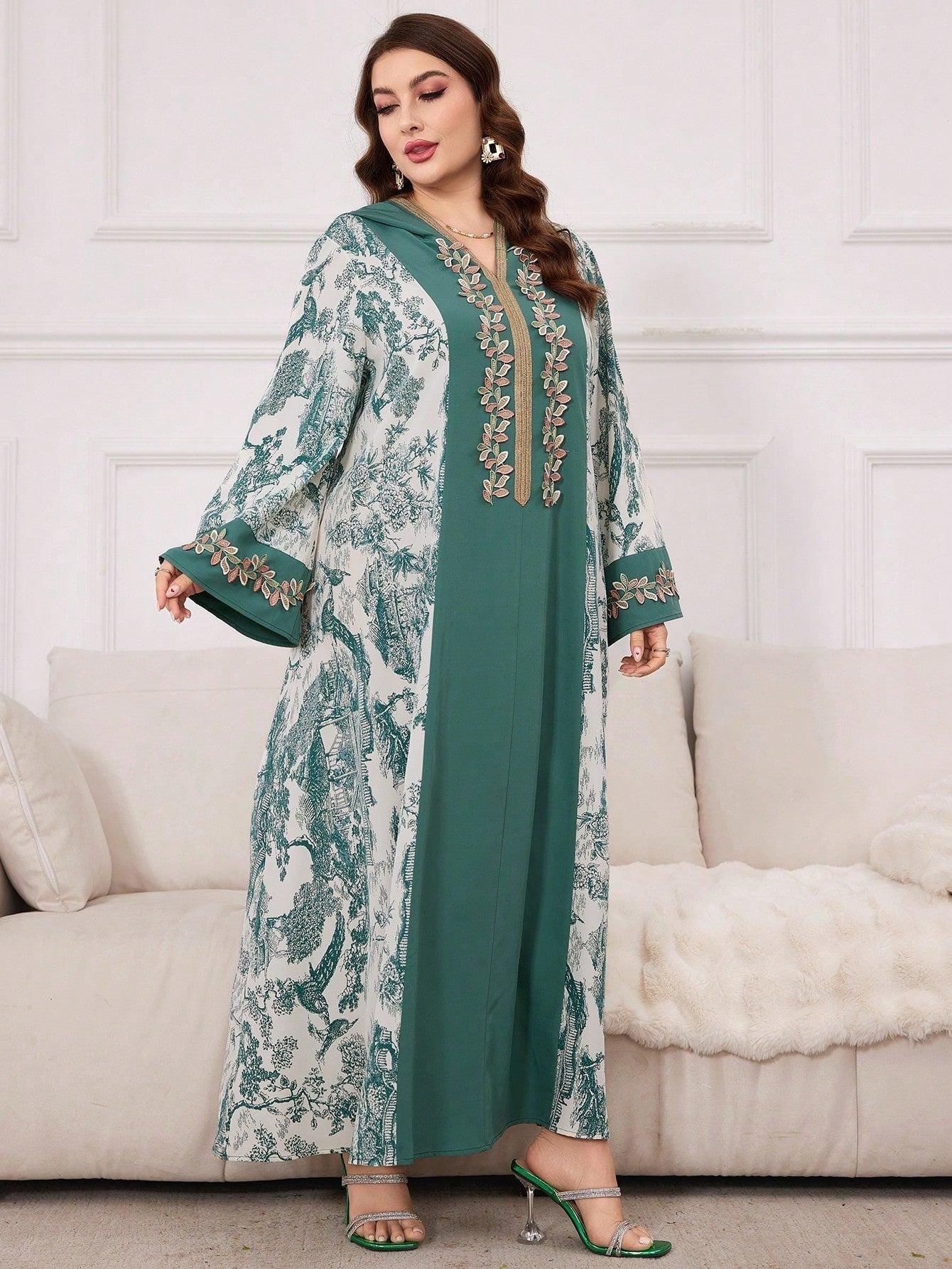 Plus Size Women Spring/Summer Arabian Dress With Plant Print, Patchwork & Drawstring Hood, Casual Long Sleeve Maxi Modest Dress