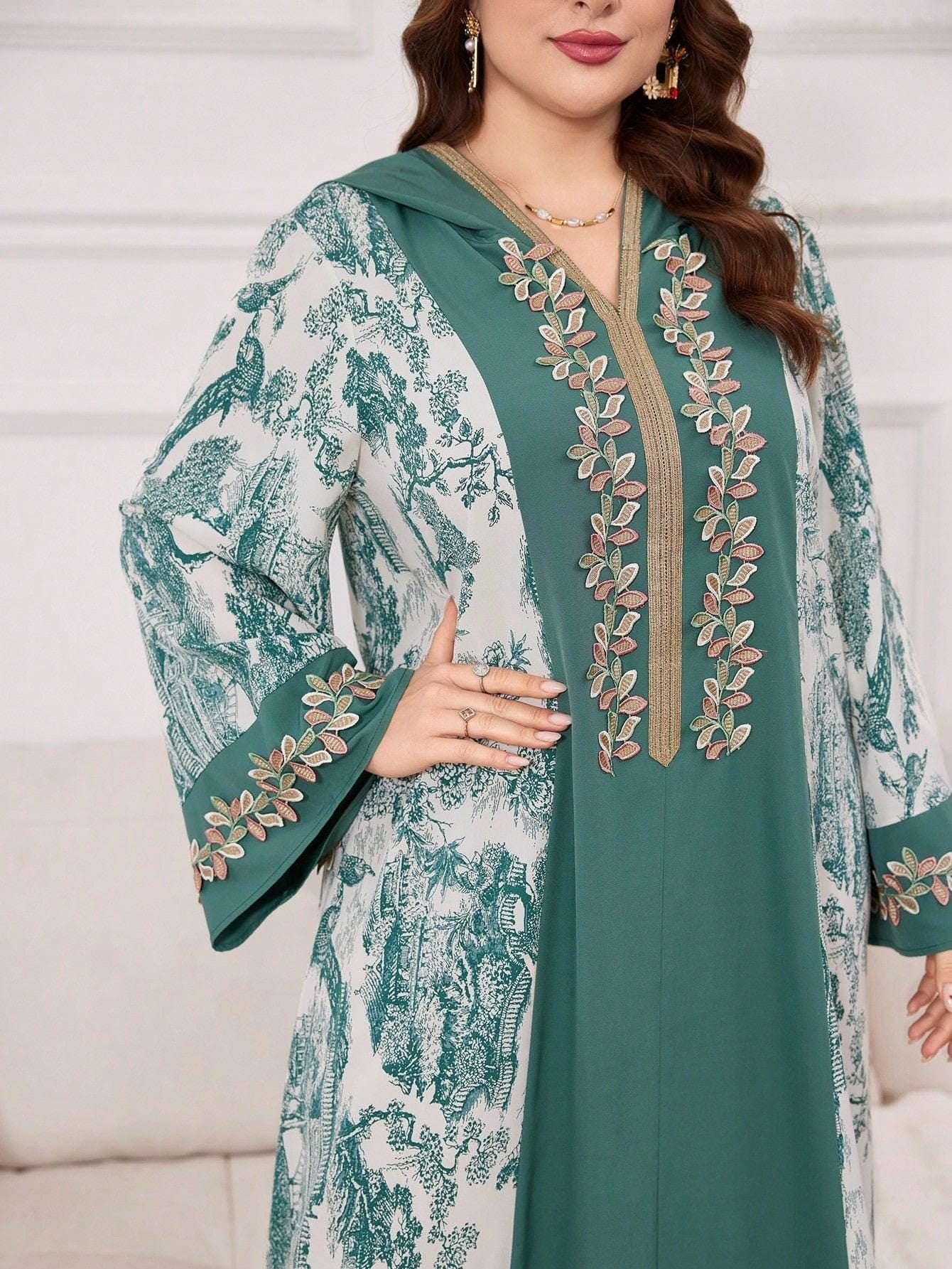 Plus Size Women Spring/Summer Arabian Dress With Plant Print, Patchwork & Drawstring Hood, Casual Long Sleeve Maxi Modest Dress