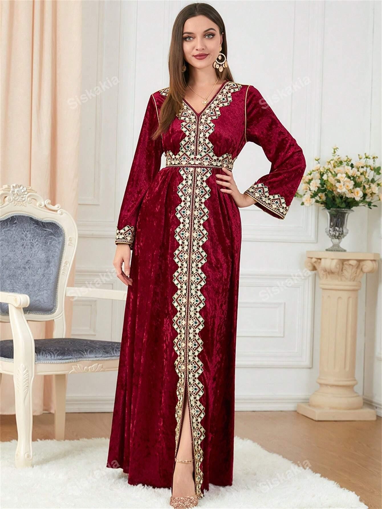 Guipure Lace Appliques Split Hem Corduroy Modest Dress Burgundy Long Sleeve Kaftan Arabian Dress