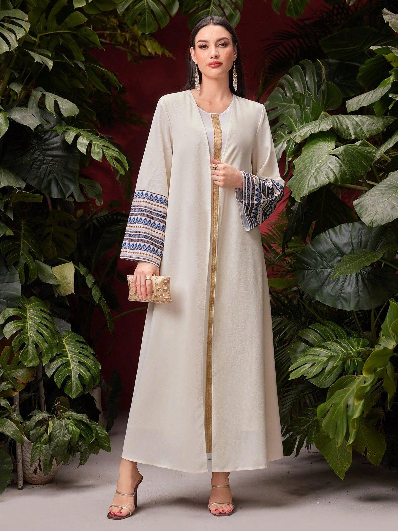 Women's Spring Summer Casual Printed Patchwork Flared Sleeve Long Arabian Abaya Modest Dress