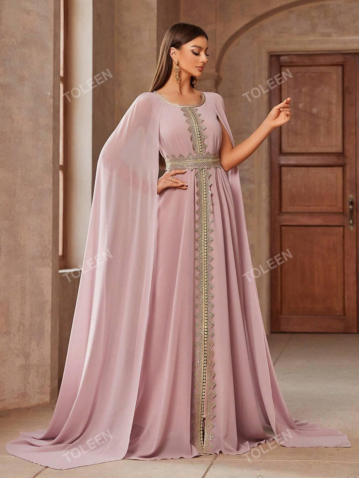 Elegant Women Color Block Lace Spliced Cape Sleeves Waist Gathered Long Modest Dress