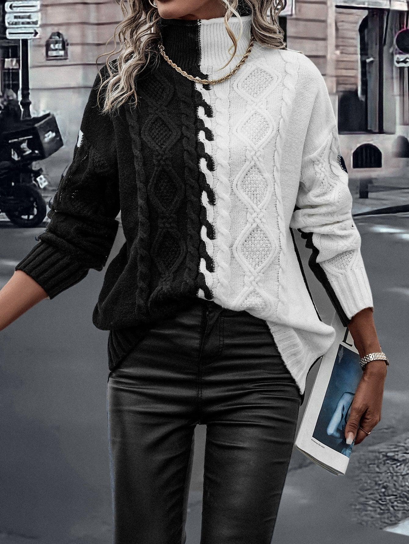 LUNE Two Tone High Neck Drop Shoulder Cable Knit Sweater