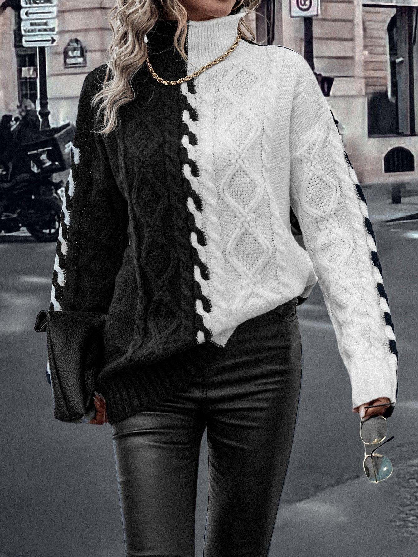 LUNE Two Tone High Neck Drop Shoulder Cable Knit Sweater