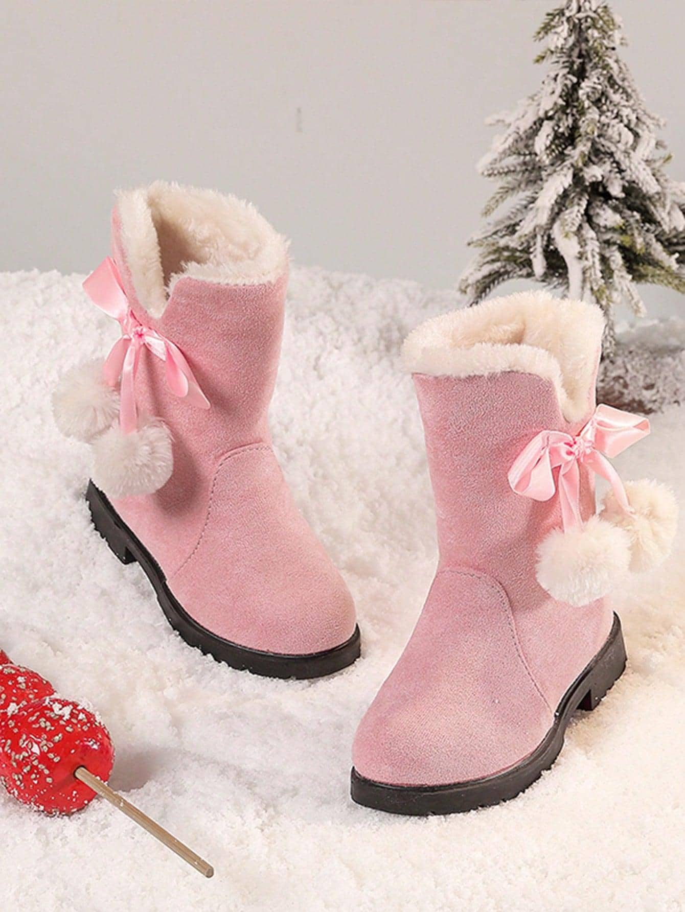 Girls Winter Boots Princess Snow, New Fashion Bow High-Top, Mid-Calf Thick Warm , Red Color, Suitable For Little Girls