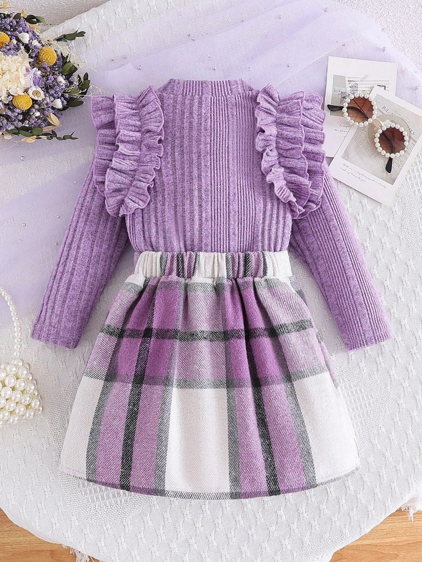 Young Girl New Autumn And Winter Fashion Suit, Solid Color, Cap Sleeves, Half High Collar, Ribbed Pullover & Asymmetrical Plaid Skirt,