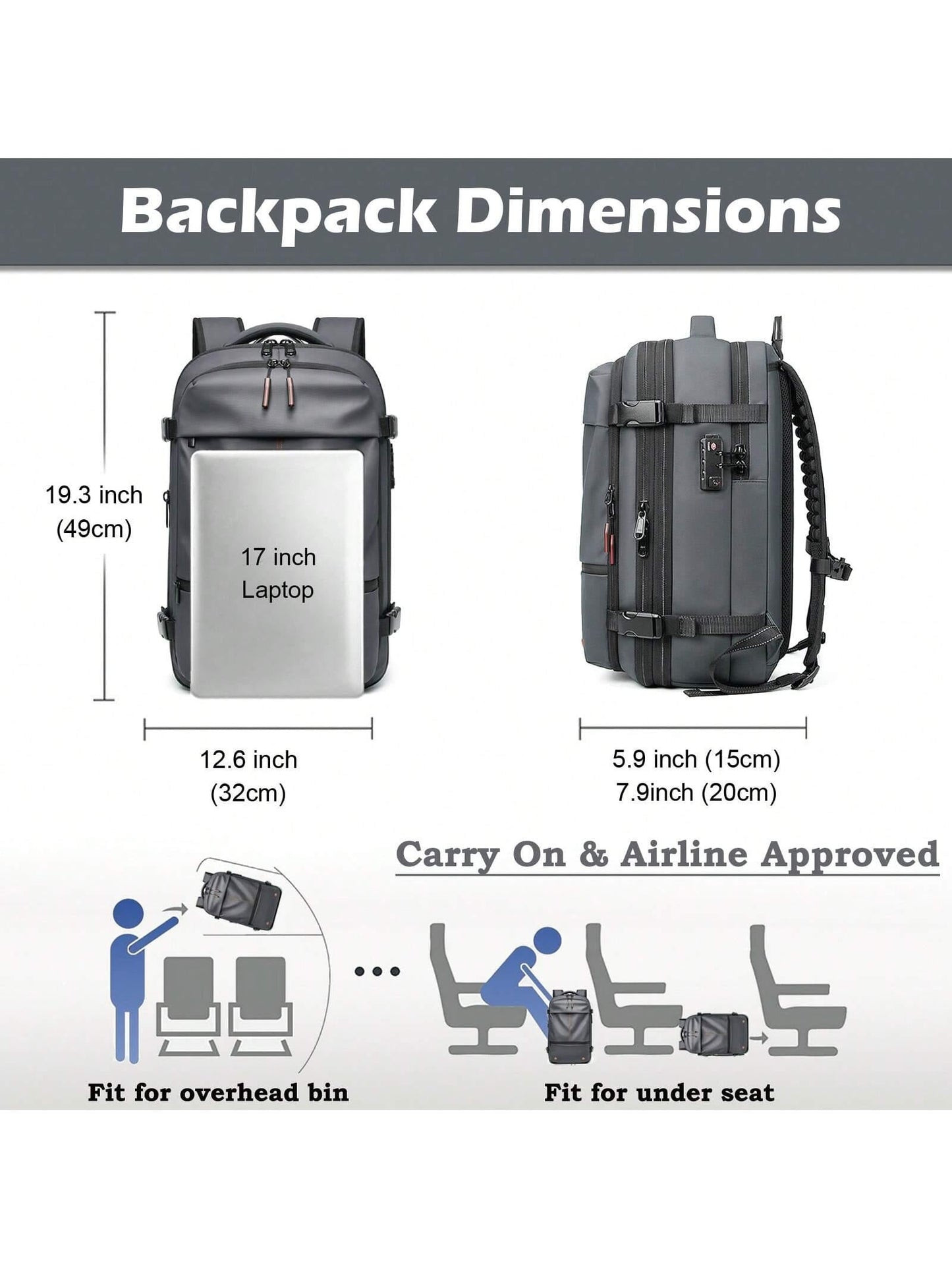 Pack Backpack, 60L Expandable with Vacuum Compression, TSA Lock Laptop 16 Inch, Anti-Theft Travel, Water Resistant Space Saver