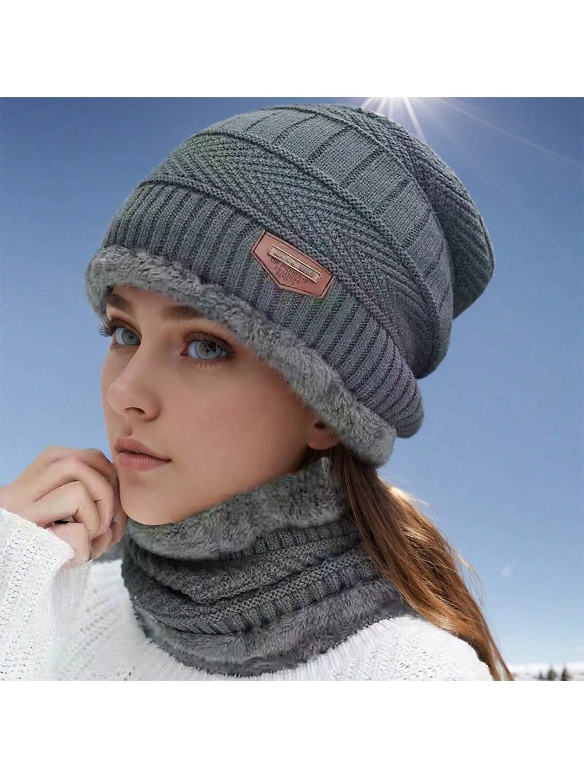 2-piece women's solid color winter hat and scarf set, featuring a soft, comfortable, windproof design ideal for cycling. The breathable,