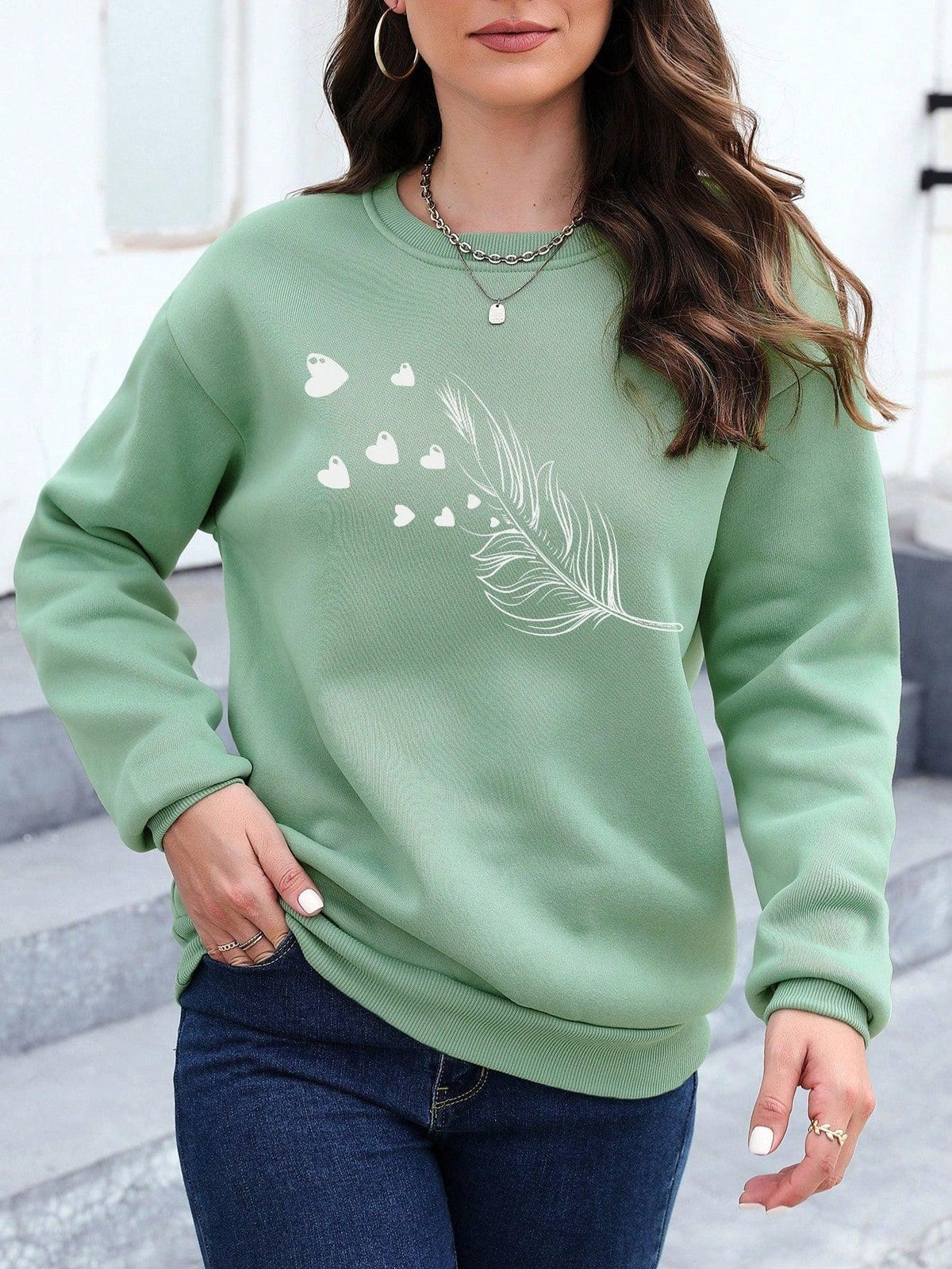 Essnce Women's Tree Leaf & Heart Patterned Casual Pullover Long Sleeve Sweatshirt