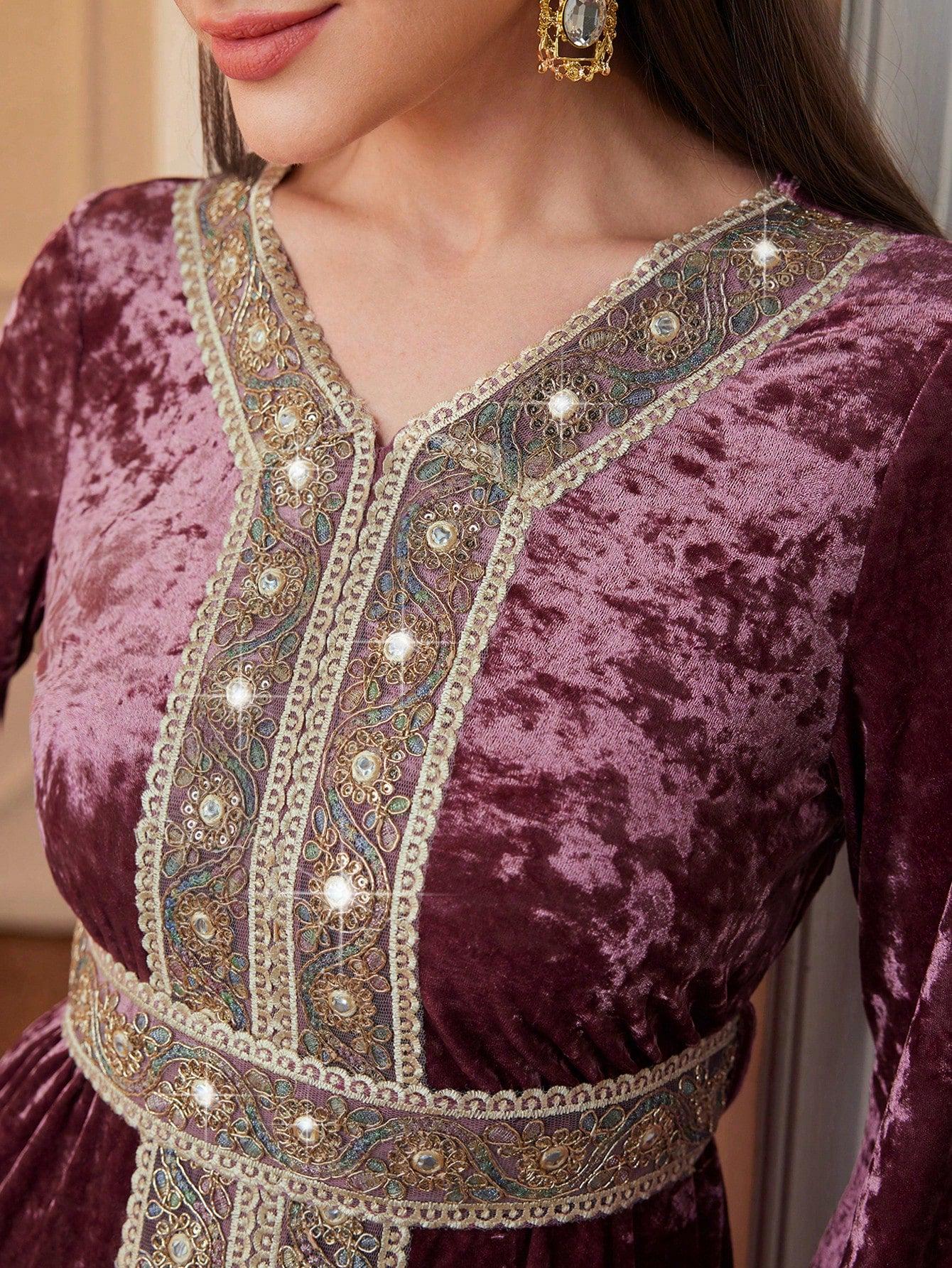 01- Arabian Women V-Neck Ruffled Long Sleeve Velvet Modest Dress, Elegant Maxi Jalabiya Arabian Modest Dresses, For Evening Party/Wedding