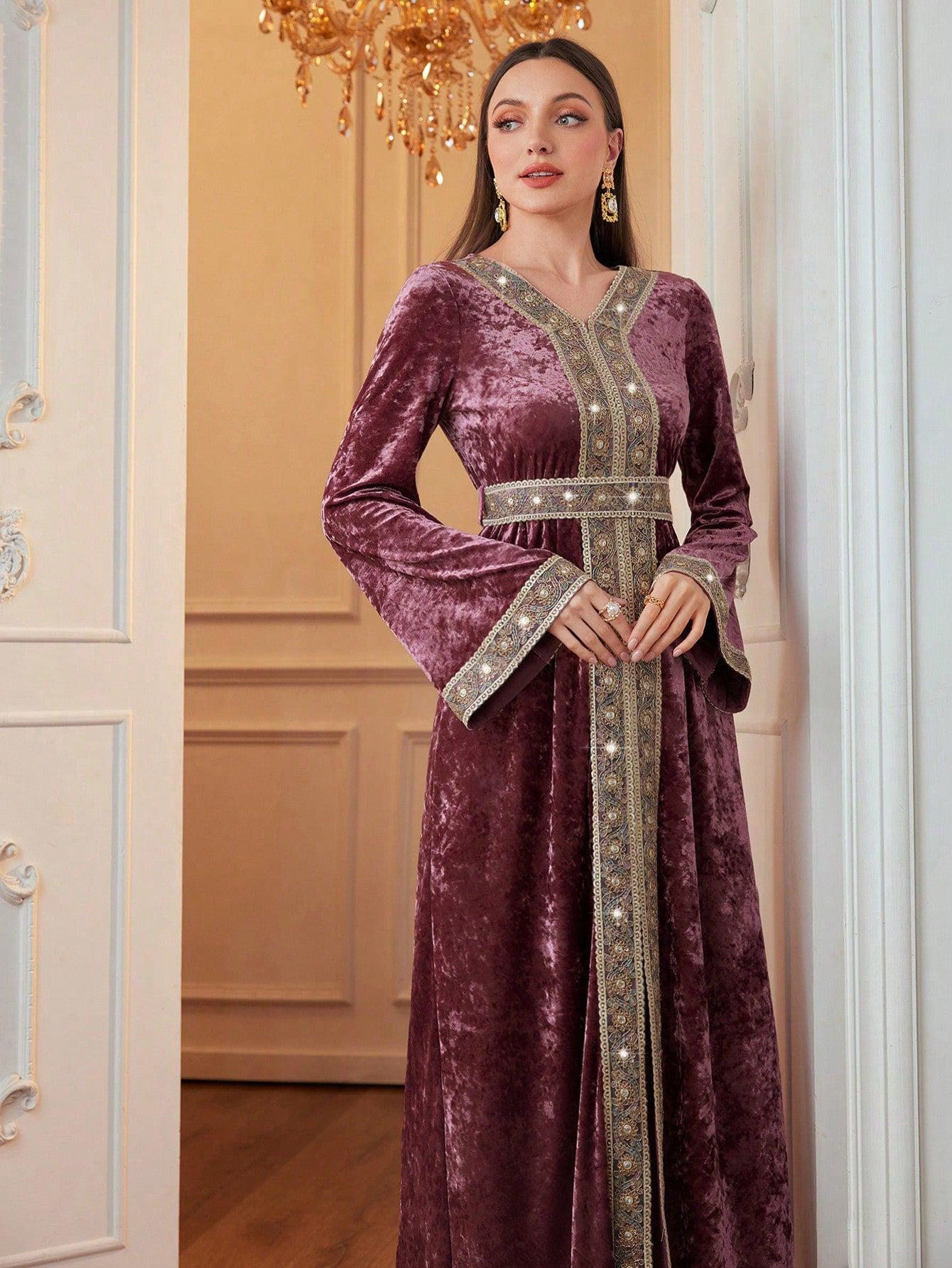 01- Arabian Women V-Neck Ruffled Long Sleeve Velvet Modest Dress, Elegant Maxi Jalabiya Arabian Modest Dresses, For Evening Party/Wedding