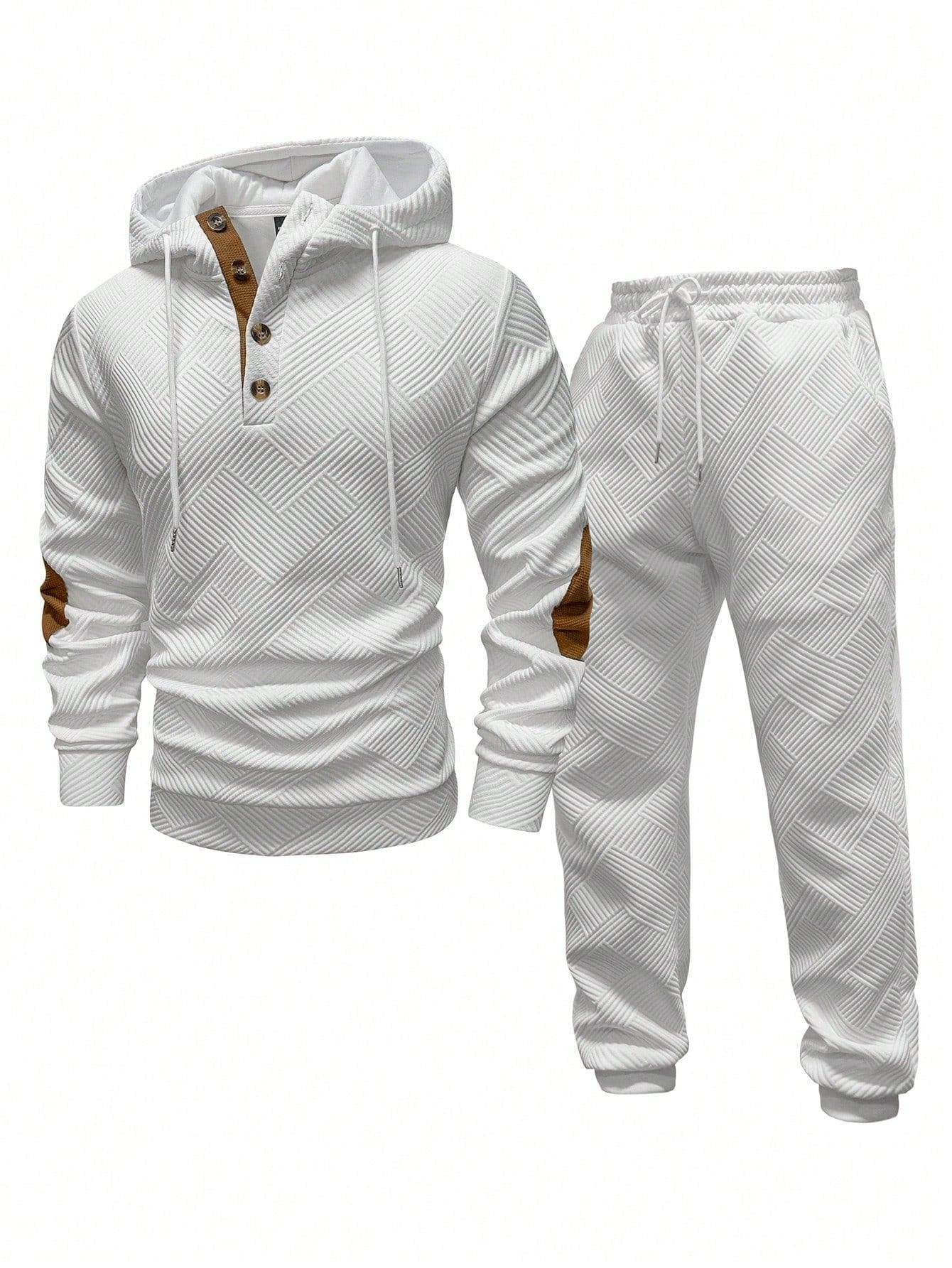 Men's Solid Color Patchwork Long Sleeve Front Button Hoodie And Pants Outfit