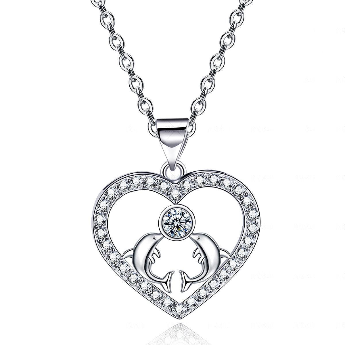 Amazing 14k White Gold Plated 5A Cubic Zirconia Love Dolphin Pendant Necklace