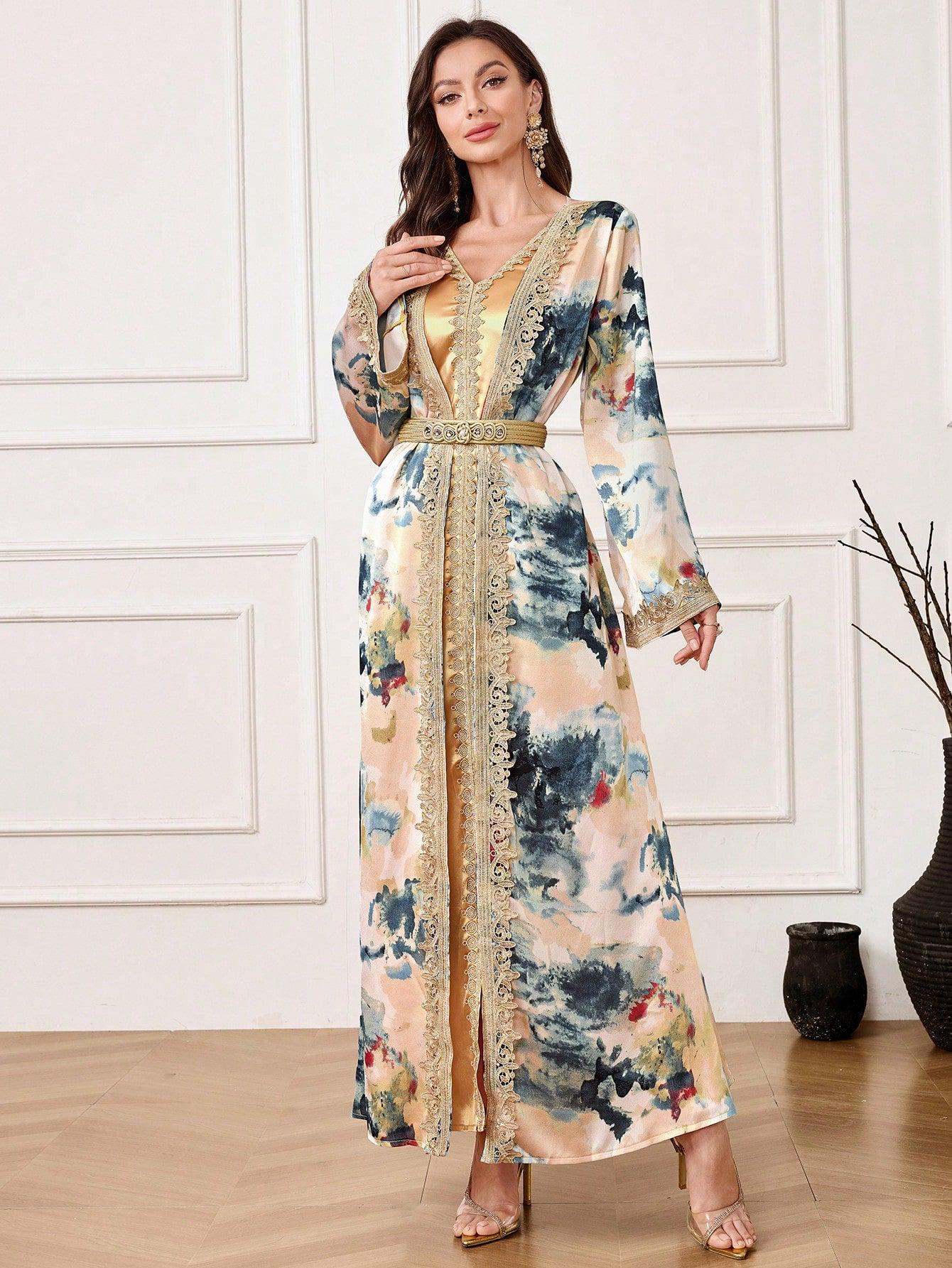 Women's V-Neck Long Sleeve Solid Color Splicing Luxurious Modest Dress