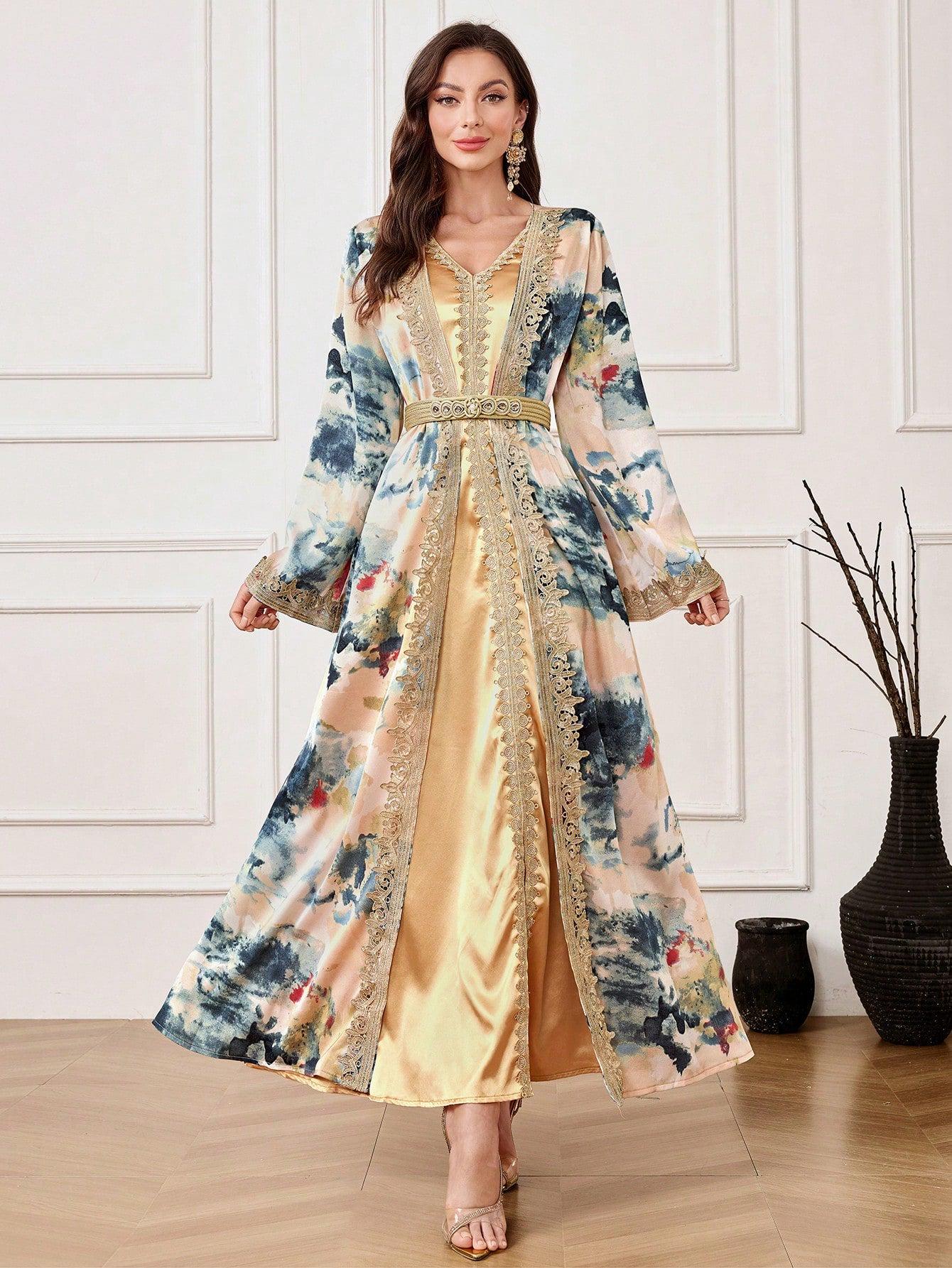 Women's V-Neck Long Sleeve Solid Color Splicing Luxurious Modest Dress