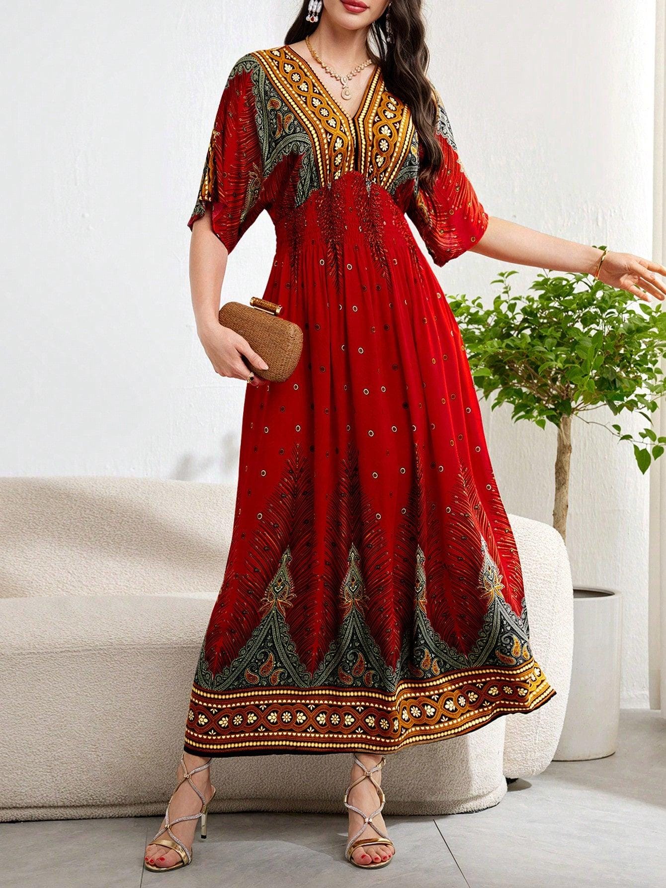 Burgundy Red Women Fashionable Elegant Printed Retro Paisley Graphic Summer Dress, Casual Short Sleeve Loose Kaftan Dress For Summer