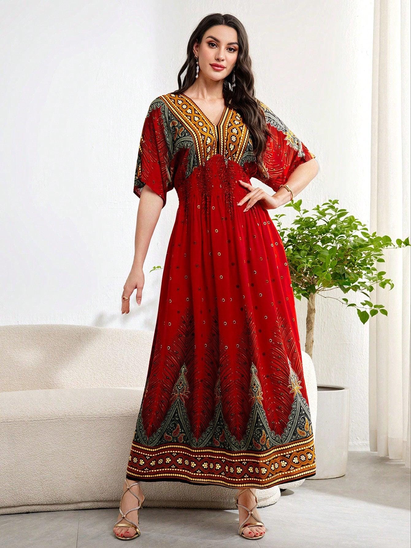 Burgundy Red Women Fashionable Elegant Printed Retro Paisley Graphic Summer Dress, Casual Short Sleeve Loose Kaftan Dress For Summer