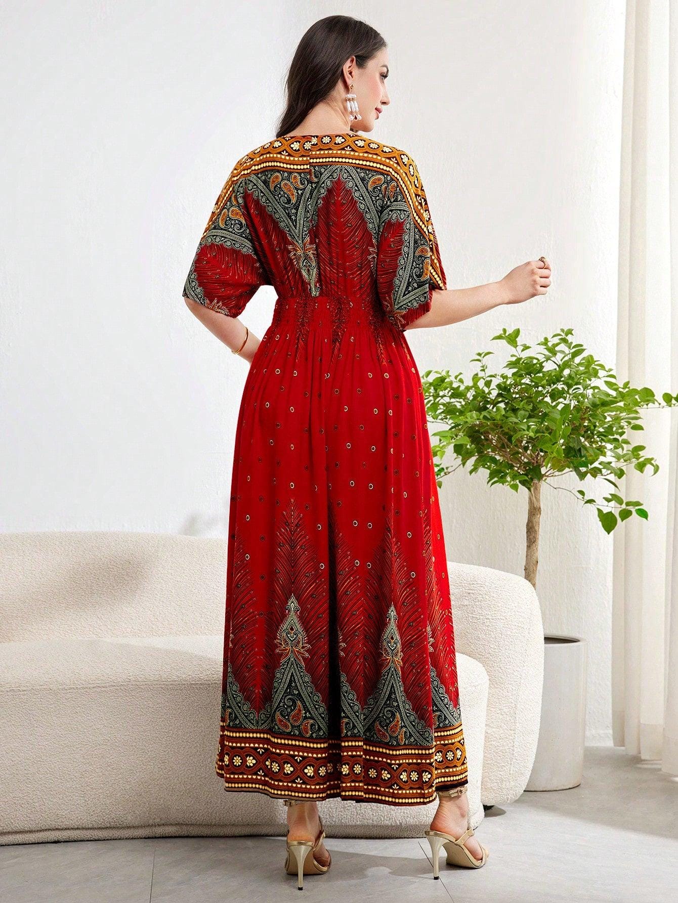 Burgundy Red Women Fashionable Elegant Printed Retro Paisley Graphic Summer Dress, Casual Short Sleeve Loose Kaftan Dress For Summer