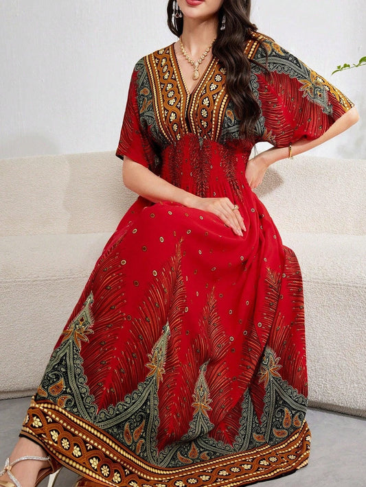 Burgundy Red Women Fashionable Elegant Printed Retro Paisley Graphic Summer Dress, Casual Short Sleeve Loose Kaftan Dress For Summer