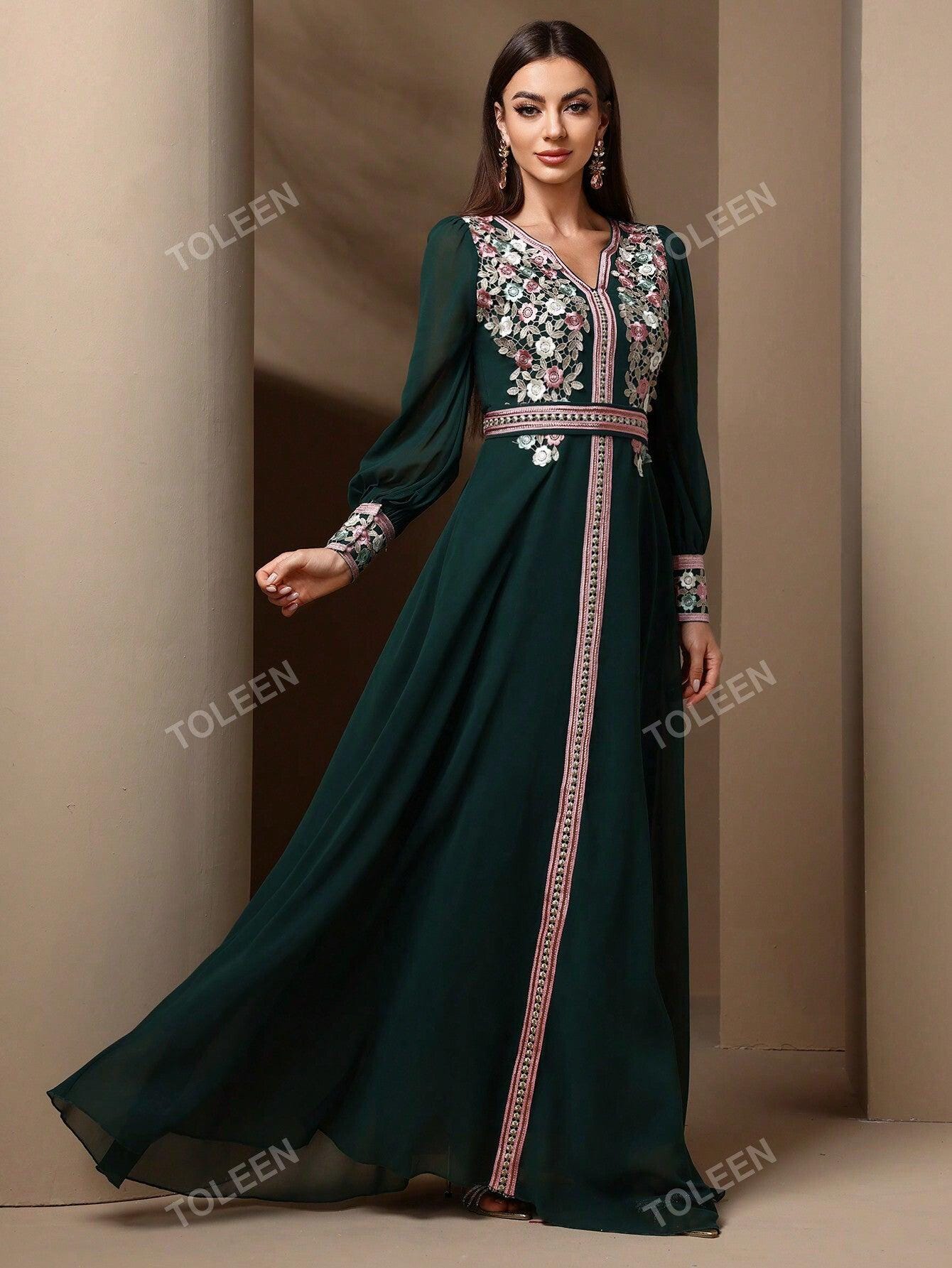 Women's Floral Embroidered Lantern Sleeve Arabian Modest Long Sleeve Dress Kaftan Arabian Dress