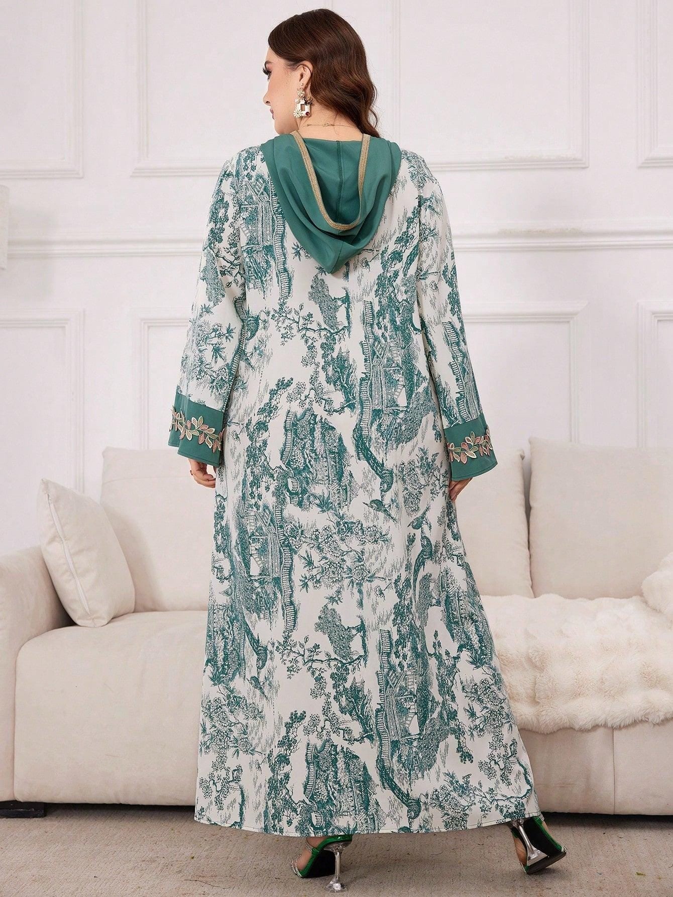 Plus Size Women Spring/Summer Arabian Dress With Plant Print, Patchwork & Drawstring Hood, Casual Long Sleeve Maxi Modest Dress
