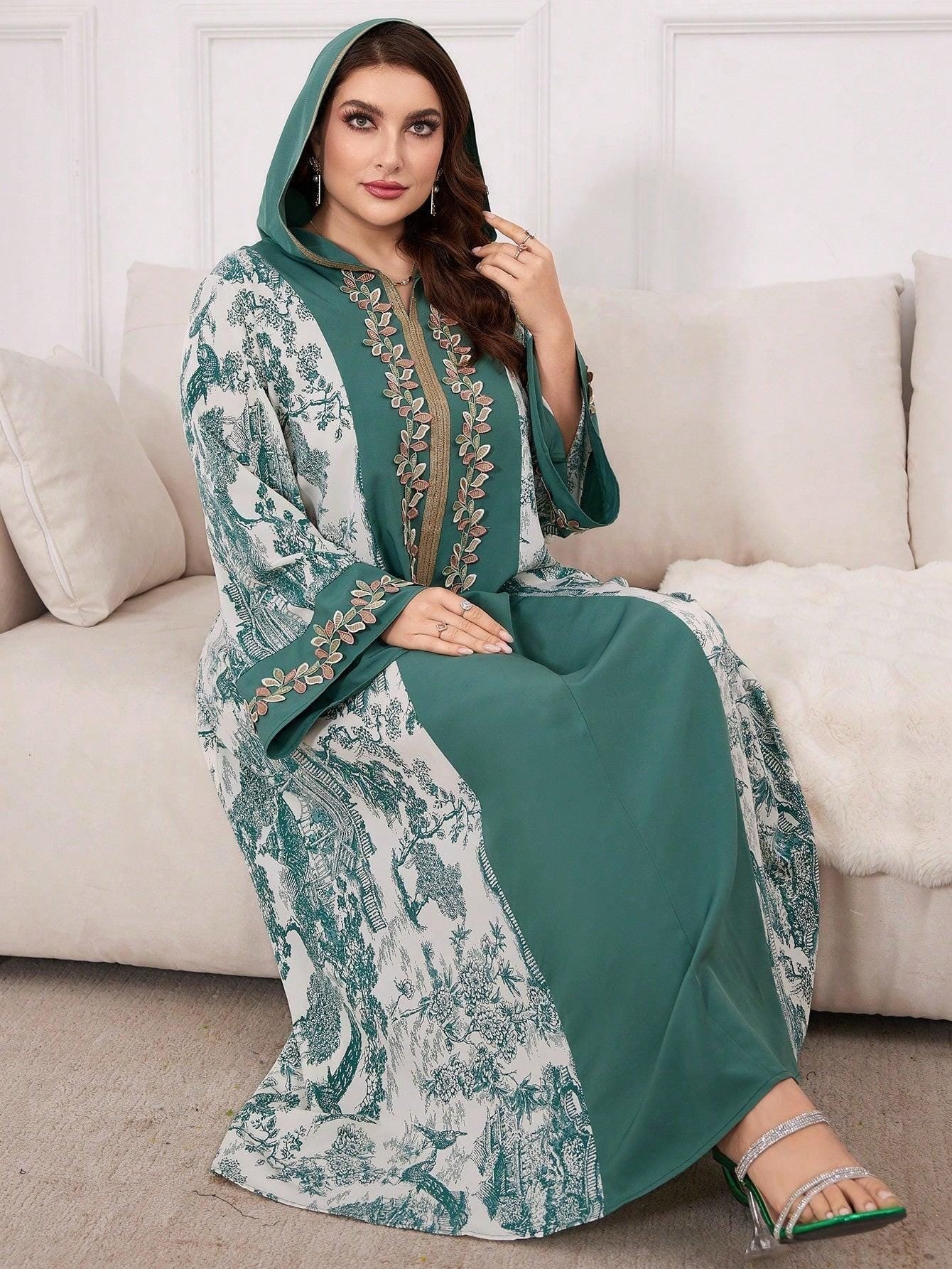 Plus Size Women Spring/Summer Arabian Dress With Plant Print, Patchwork & Drawstring Hood, Casual Long Sleeve Maxi Modest Dress
