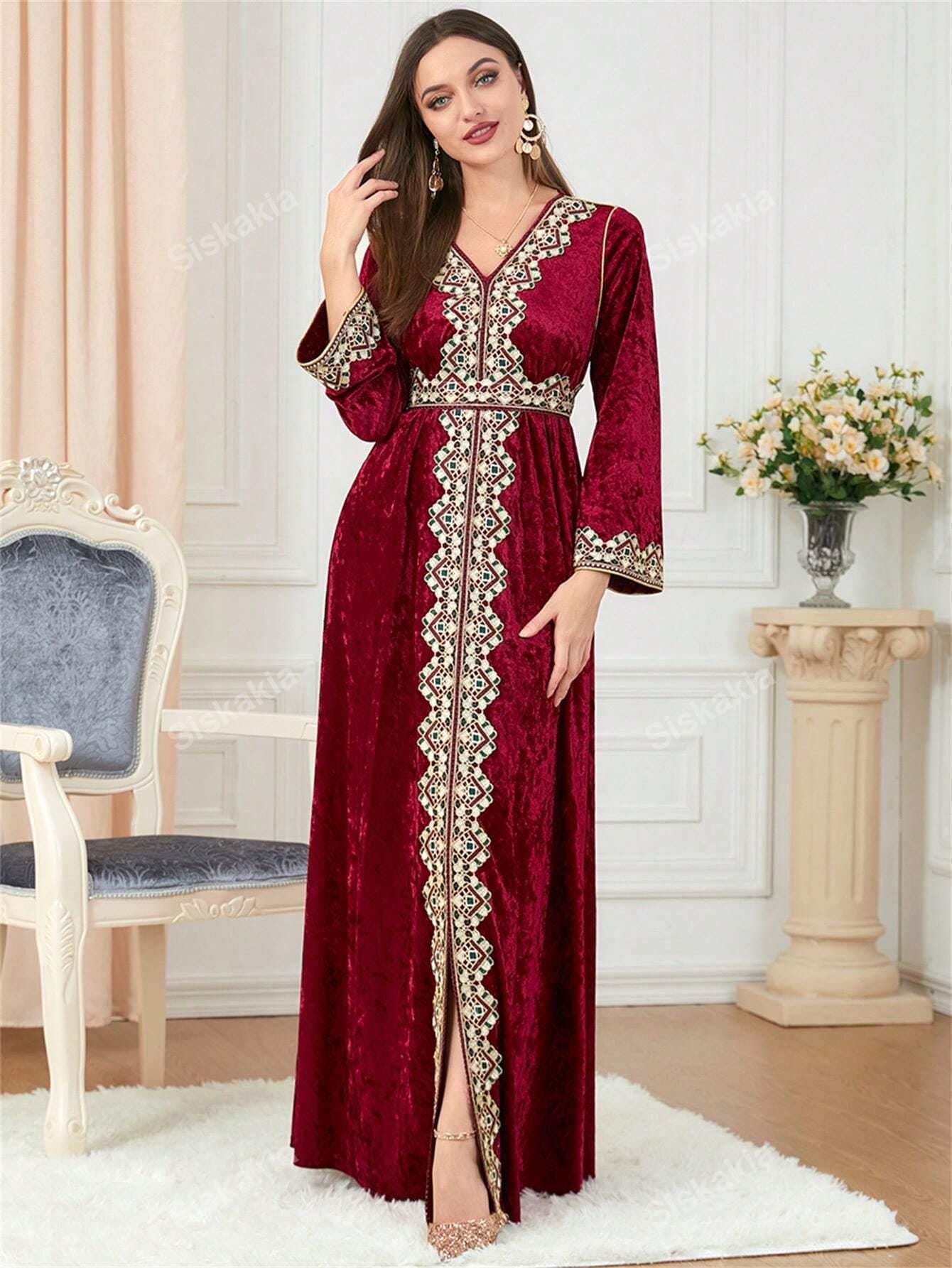 Guipure Lace Appliques Split Hem Corduroy Modest Dress Burgundy Long Sleeve Kaftan Arabian Dress