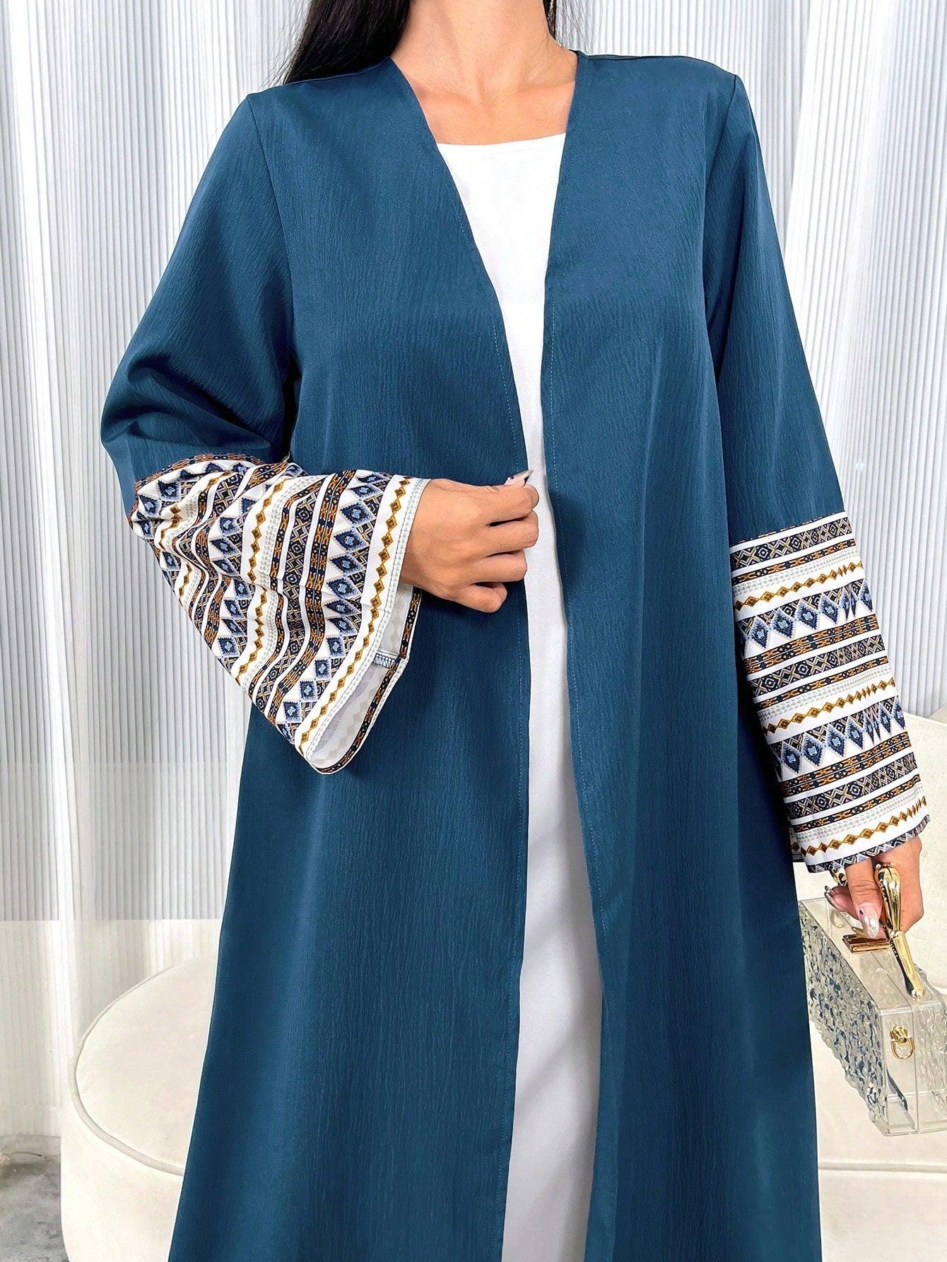Women's Spring Summer Casual Printed Patchwork Flared Sleeve Long Arabian Abaya Modest Dress