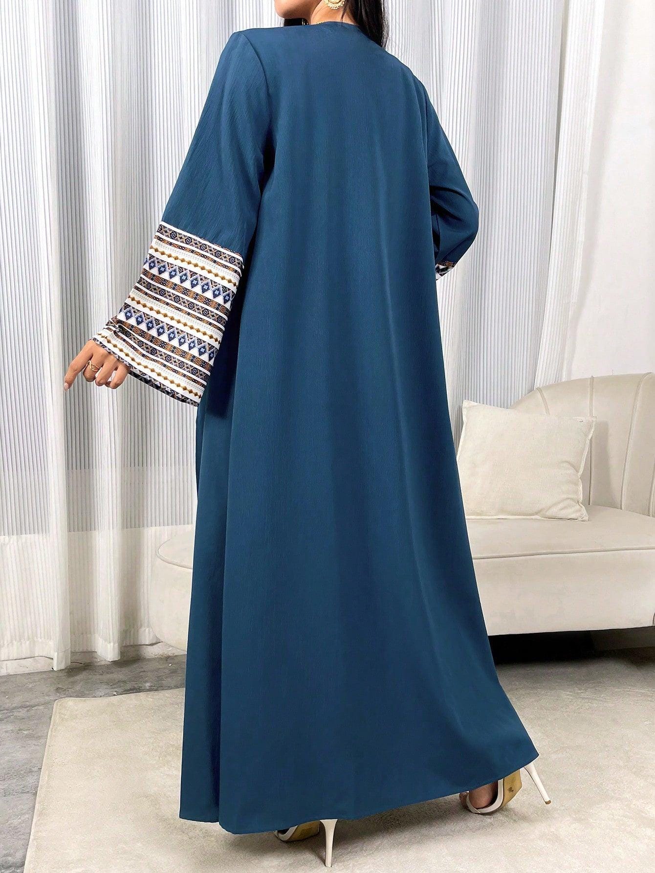Women's Spring Summer Casual Printed Patchwork Flared Sleeve Long Arabian Abaya Modest Dress