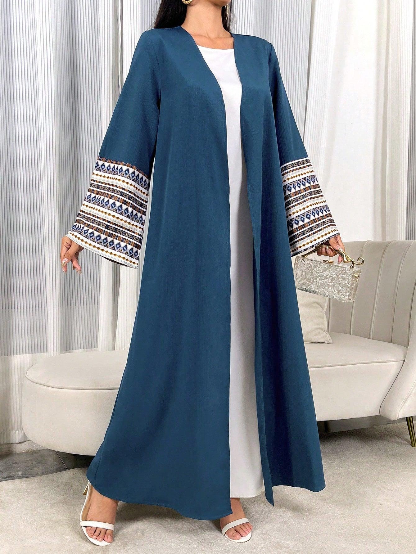 Women's Spring Summer Casual Printed Patchwork Flared Sleeve Long Arabian Abaya Modest Dress