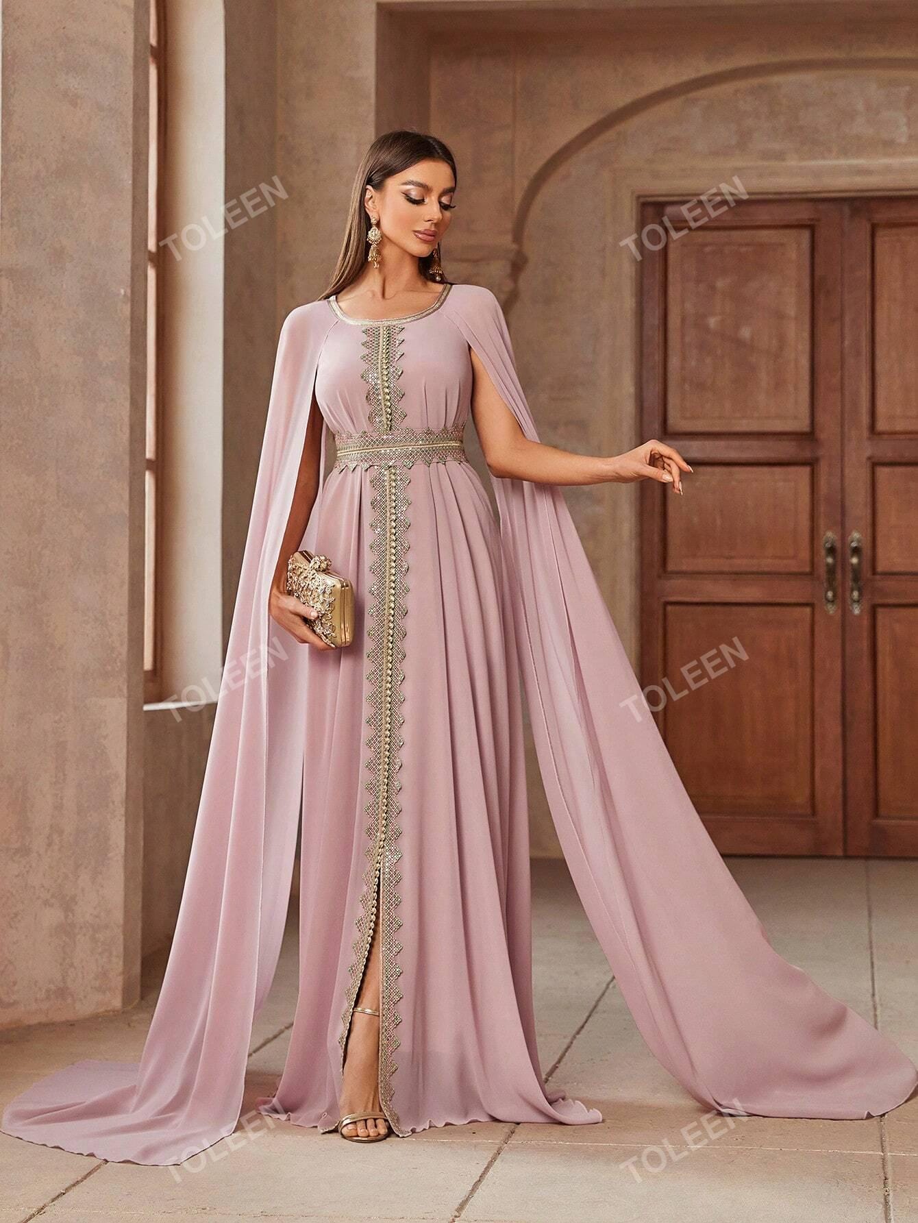 Elegant Women Color Block Lace Spliced Cape Sleeves Waist Gathered Long Modest Dress