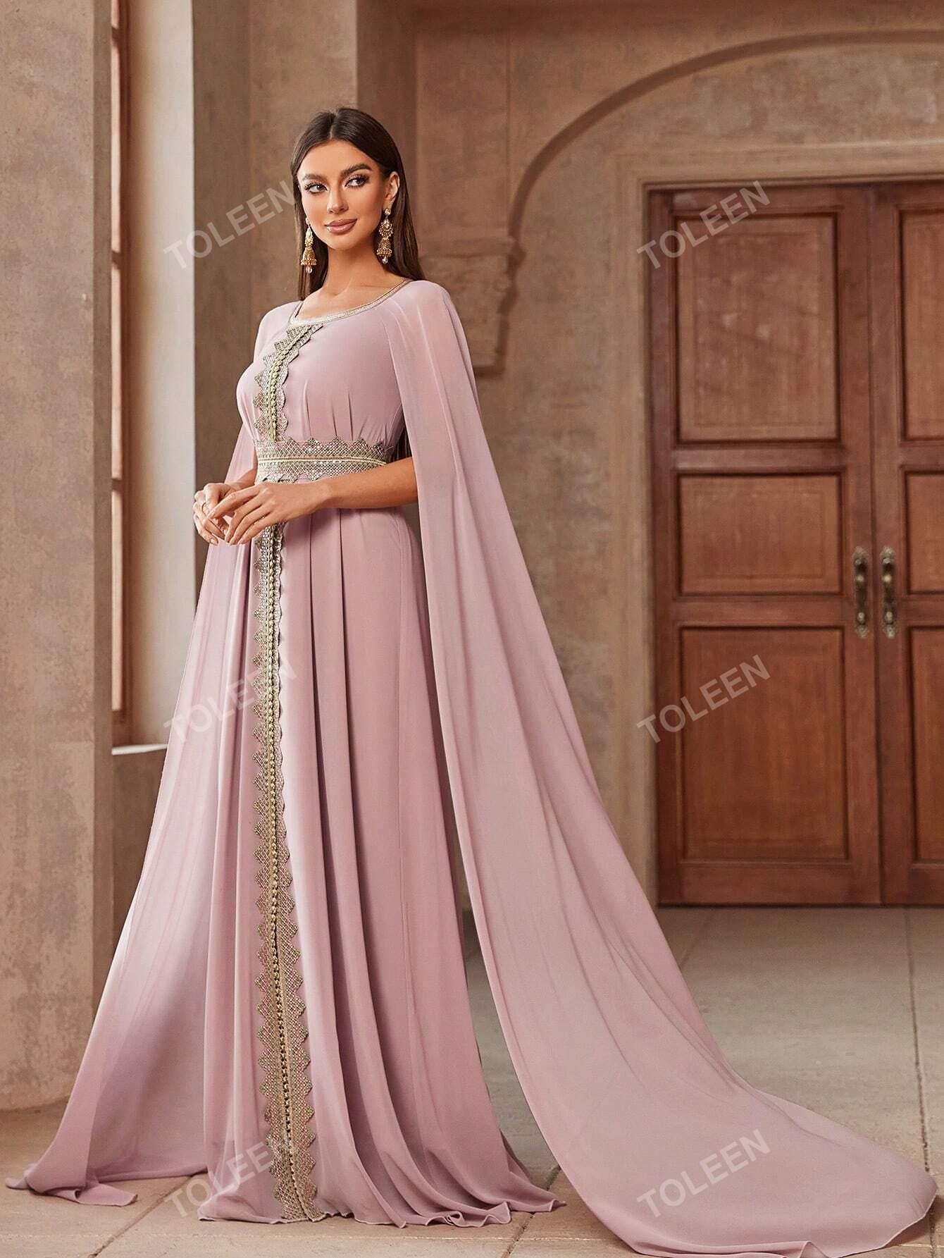 Elegant Women Color Block Lace Spliced Cape Sleeves Waist Gathered Long Modest Dress