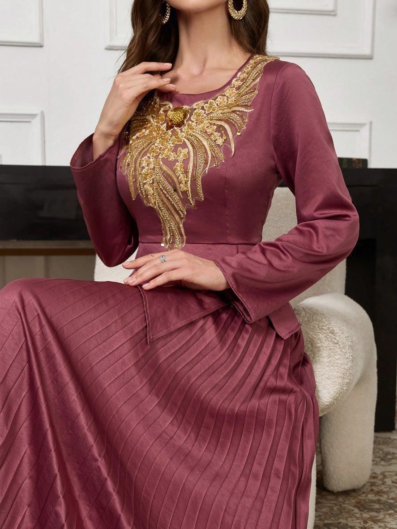 Women Solid Color Woven Dress, Autumn/Winter, Elegant A Line Arabian Dresses, For Evening Party/Wedding Guest/Anniversary