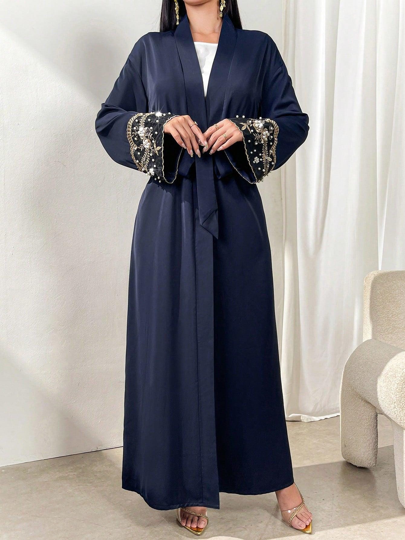 Women's Floral Embroidery & Faux Pearl Decorated Long Sleeve Elegant Modest Arabian Abaya Robe