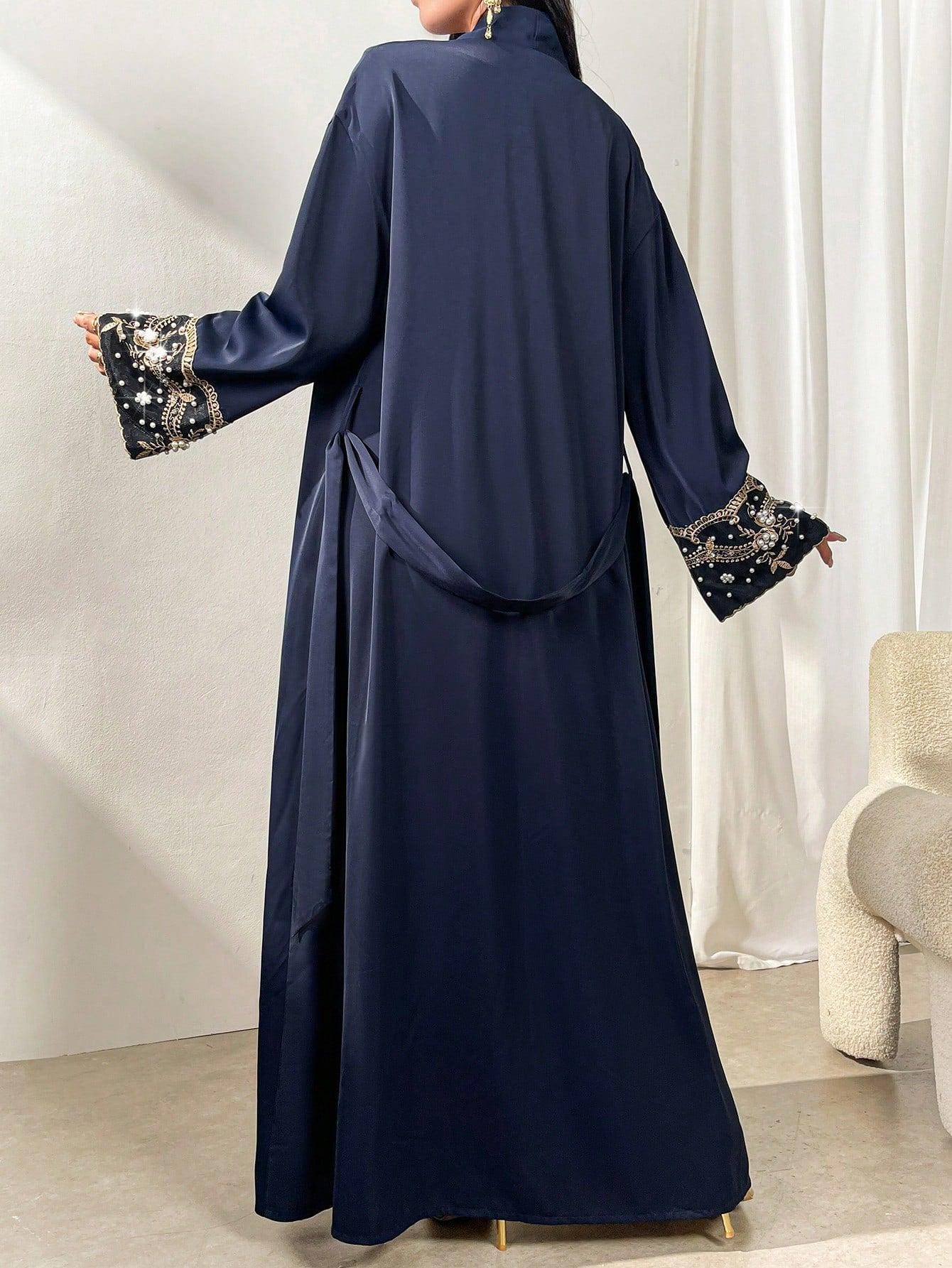 Women's Floral Embroidery & Faux Pearl Decorated Long Sleeve Elegant Modest Arabian Abaya Robe