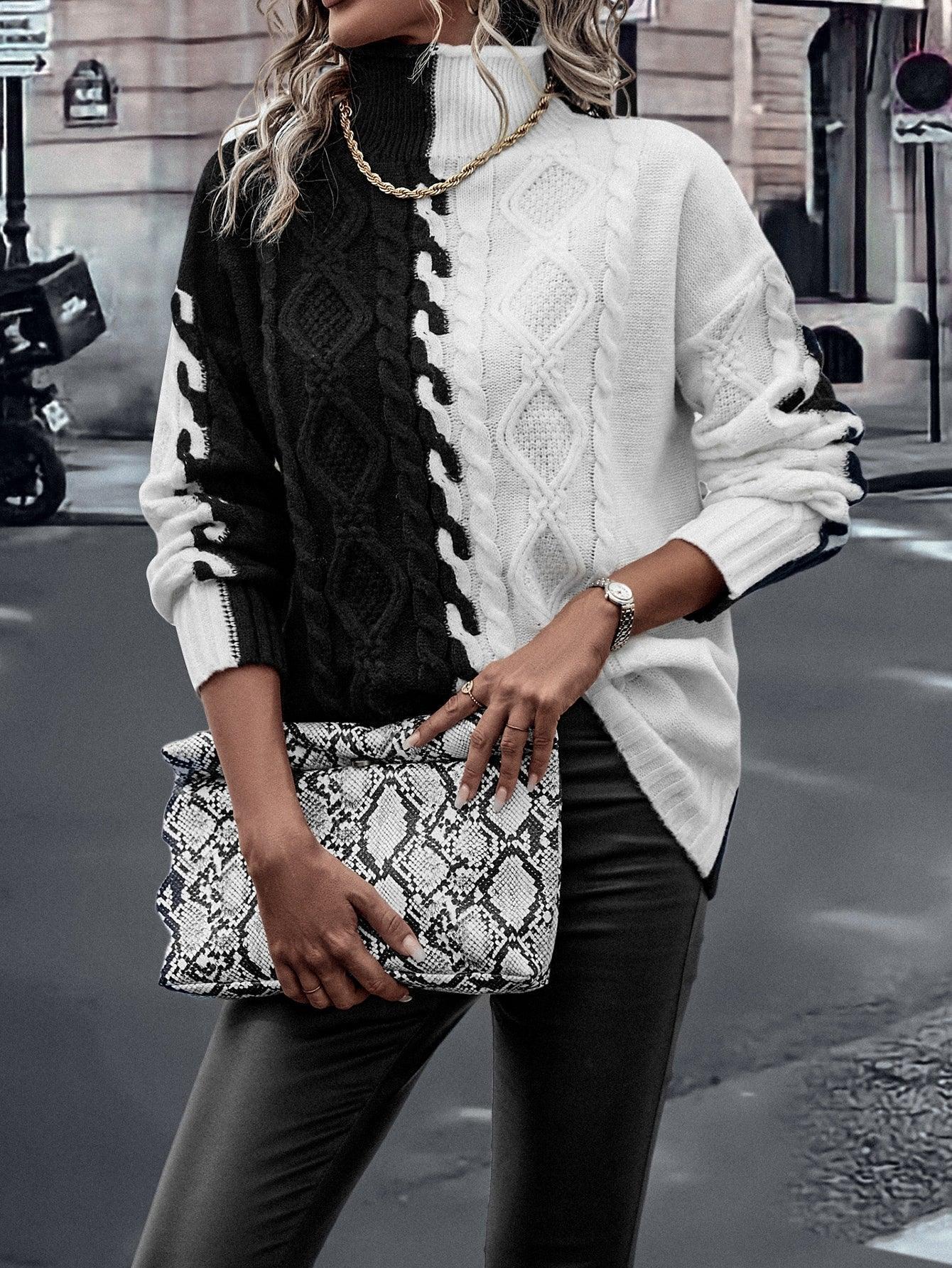 LUNE Two Tone High Neck Drop Shoulder Cable Knit Sweater
