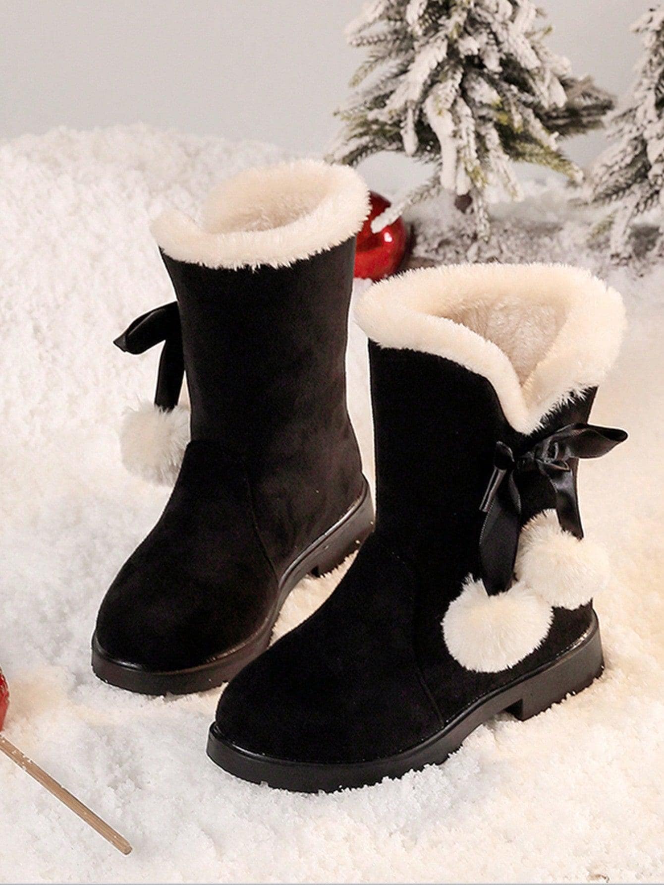 Girls Winter Boots Princess Snow, New Fashion Bow High-Top, Mid-Calf Thick Warm , Red Color, Suitable For Little Girls