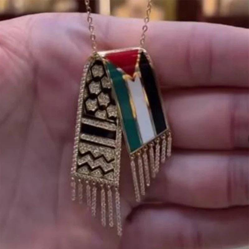 1Pc Stainless Steel Scarf Shape Pendant Palestine Scarf Gaza Rhinestone Tassel Necklace Gift