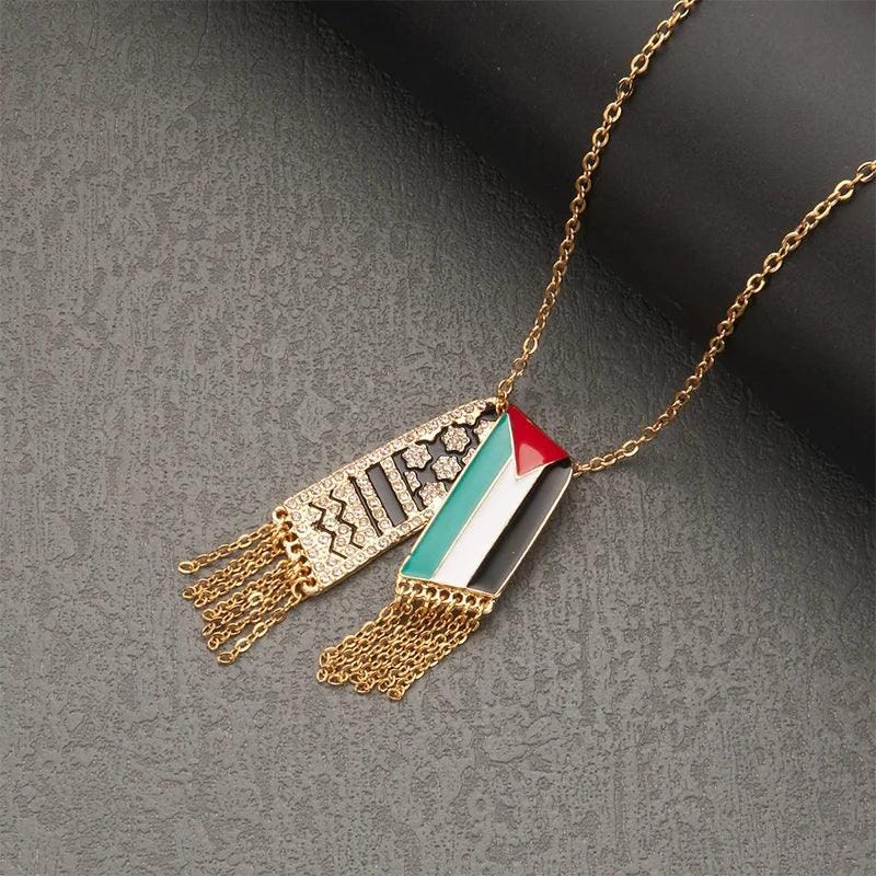1Pc Stainless Steel Scarf Shape Pendant Palestine Scarf Gaza Rhinestone Tassel Necklace Gift