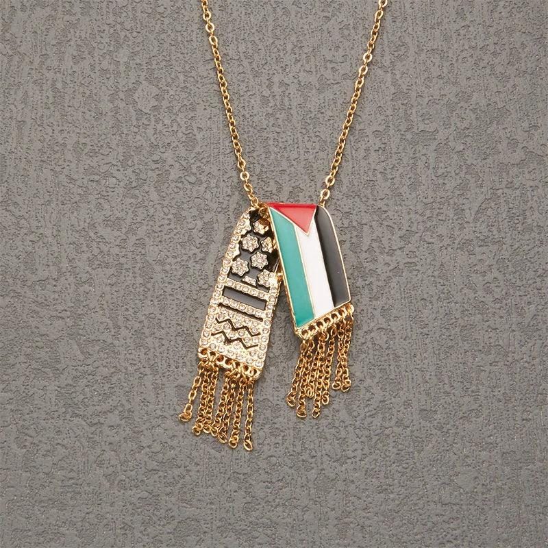 1Pc Stainless Steel Scarf Shape Pendant Palestine Scarf Gaza Rhinestone Tassel Necklace Gift
