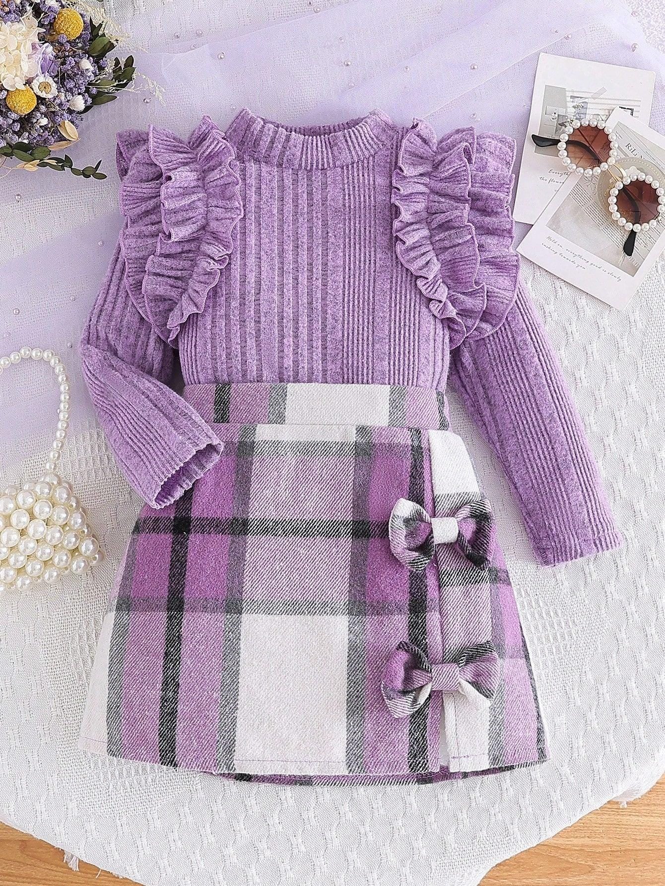 Young Girl New Autumn And Winter Fashion Suit, Solid Color, Cap Sleeves, Half High Collar, Ribbed Pullover & Asymmetrical Plaid Skirt,