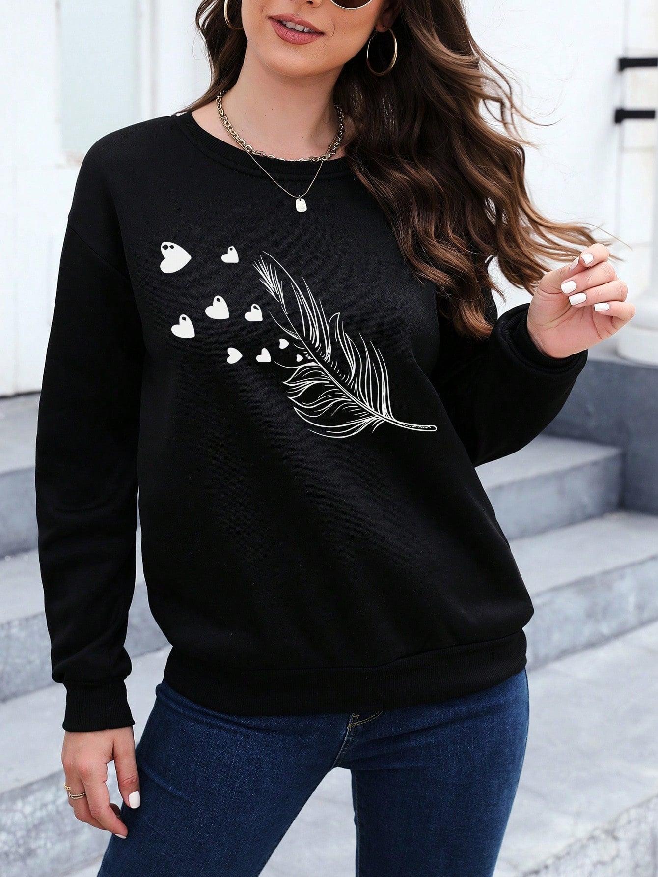 Essnce Women's Tree Leaf & Heart Patterned Casual Pullover Long Sleeve Sweatshirt