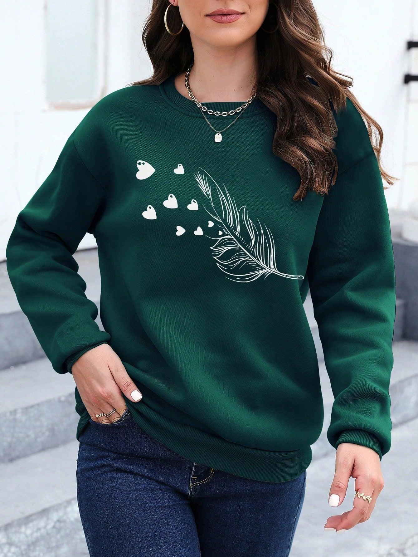 Essnce Women's Tree Leaf & Heart Patterned Casual Pullover Long Sleeve Sweatshirt