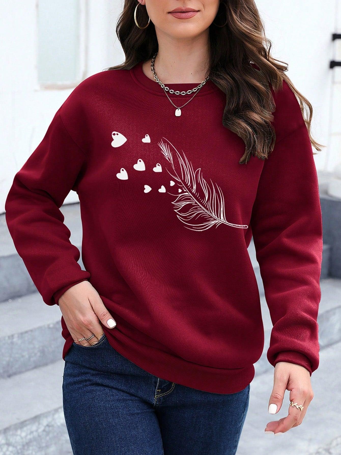 Essnce Women's Tree Leaf & Heart Patterned Casual Pullover Long Sleeve Sweatshirt