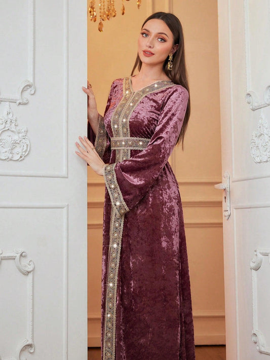 01- Arabian Women V-Neck Ruffled Long Sleeve Velvet Modest Dress, Elegant Maxi Jalabiya Arabian Modest Dresses, For Evening Party/Wedding