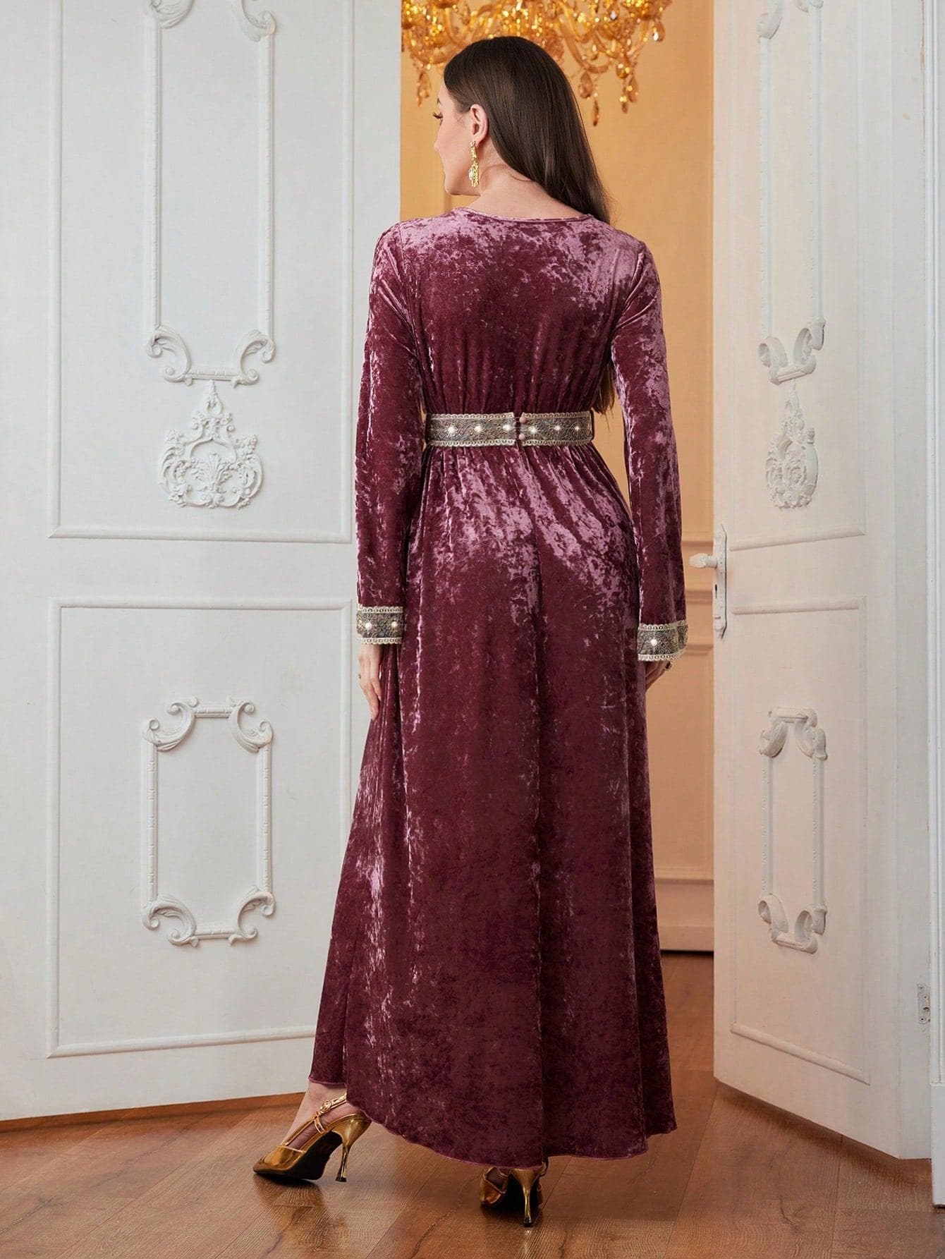 01- Arabian Women V-Neck Ruffled Long Sleeve Velvet Modest Dress, Elegant Maxi Jalabiya Arabian Modest Dresses, For Evening Party/Wedding