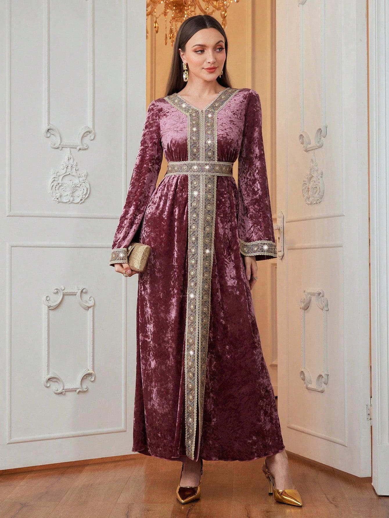 01- Arabian Women V-Neck Ruffled Long Sleeve Velvet Modest Dress, Elegant Maxi Jalabiya Arabian Modest Dresses, For Evening Party/Wedding