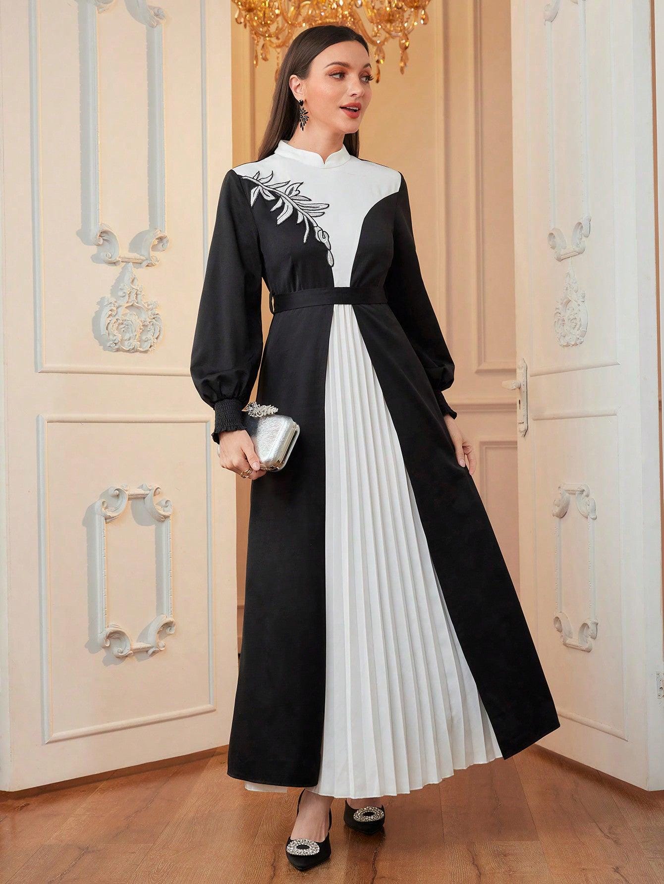 Woven Black & White Mixed Color Women Dress, Autumn/Winter, Elegant Modest Long Sleeve A Line Arabian Dresses, For Evening Party/Wedding